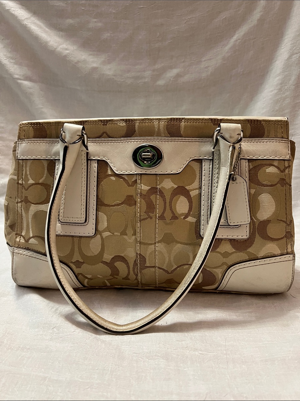 Coach Beige Signature Canvas Shoulder Bag with White Trim